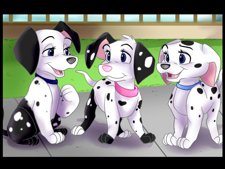 101_dalmatians 2017 4:3 black_and_white_fur black_border black_ears black_nose blue_collar blue_eyes border cadpig canid canine canis collar dalmatian digital_drawing_(artwork) digital_media_(artwork) disney domestic_dog feral fur group half-closed_eyes looking_at_another lulu_(artist) mammal multicolored_body multicolored_fur narrowed_eyes open_mouth open_smile outside pink_collar pink_nose sidewalk smile stockings_(lulu) two-tone_(101_dalmatians) two_tone_body two_tone_fur