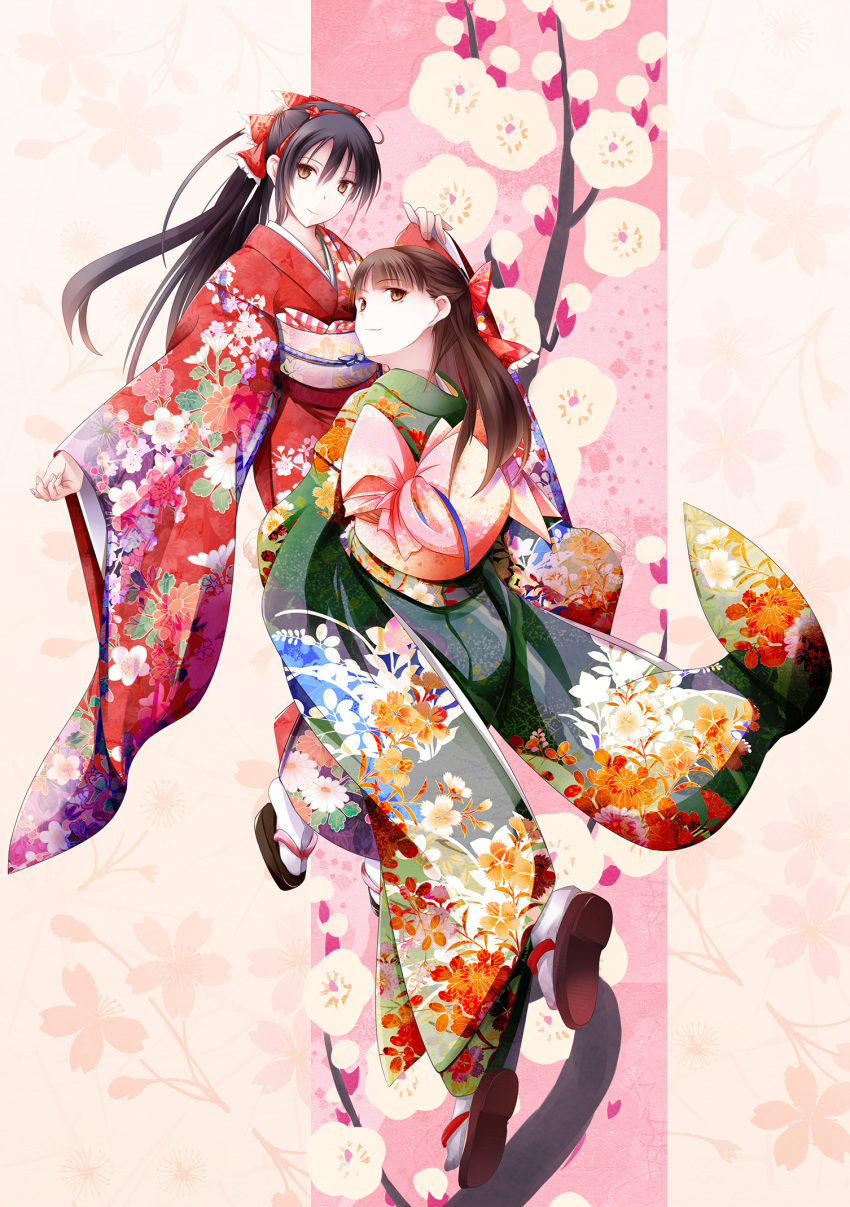 2girls black_hair floral_print flower fudo_shin graphite_(medium) highres japanese_clothes kimono long_hair mechanical_pencil multiple_girls original pale_skin pencil plum plum_blossoms traditional_media