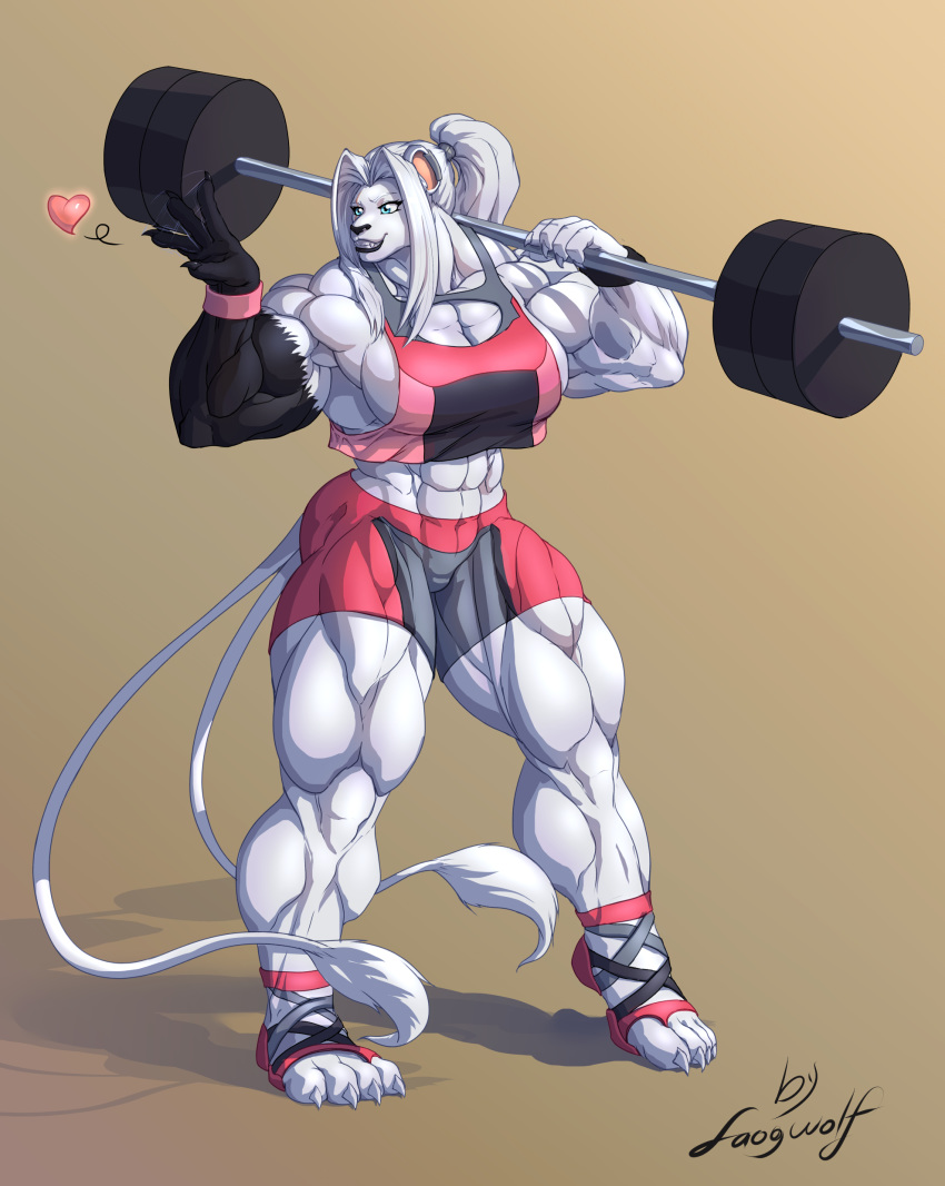 &lt;3 abs absurd_res anthro barbell big_breasts breasts faogwolf felid female hi_res kincade lion mammal multi_tail muscular muscular_female pantherine scar thick_thighs