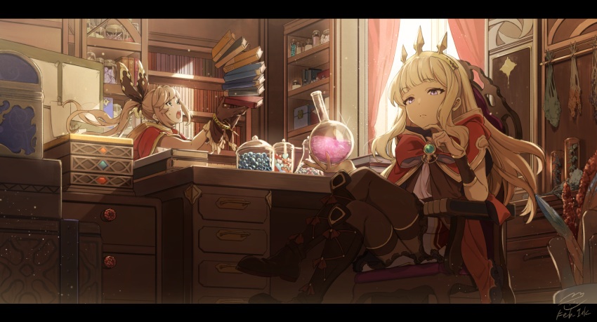2girls bangs blonde_hair book book_stack bookshelf bow bracelet brown_gloves brown_hair cagliostro_(granblue_fantasy) capelet clarisse_(granblue_fantasy) crossed_legs desk feb_itk gloves granblue_fantasy hair_ribbon headband jewelry letterboxed light_particles long_hair multiple_girls ponytail potion purple_eyes ribbon sitting thighhighs