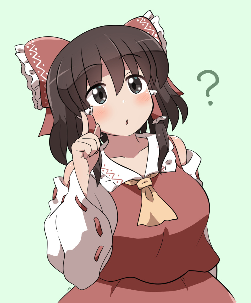 1girl :o ? ascot blush bow breasts brown_eyes brown_hair collarbone commentary_request detached_sleeves frilled_bow frilled_hair_tubes frills green_background hair_between_eyes hair_bow hair_tubes hakurei_reimu hand_up highres index_finger_raised large_breasts red_bow red_shirt red_skirt ribbon-trimmed_sleeves ribbon_trim rokugou_daisuke shirt short_hair signature simple_background skirt sleeveless sleeveless_shirt solo standing touhou upper_body white_sleeves wide_sleeves yellow_ascot