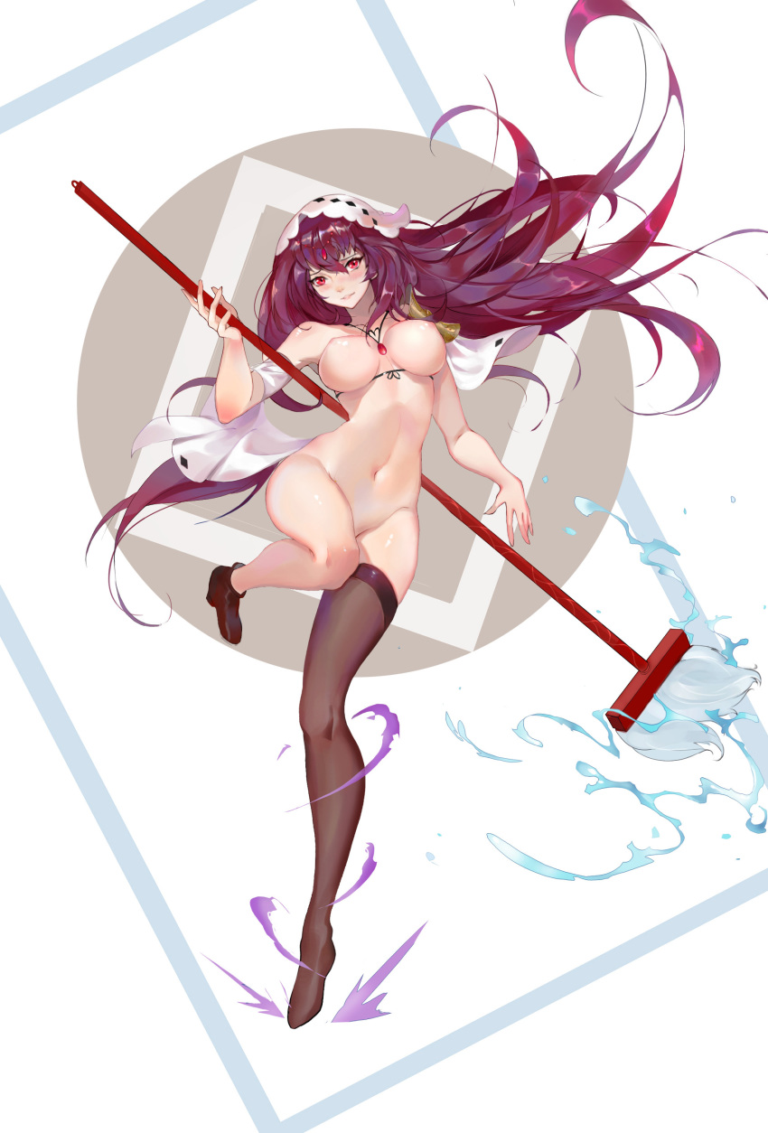 1girl absurdres blush breasts curvy fate/grand_order fate_(series) gae_bolg guernical hair_between_eyes hair_ornament highres holding holding_weapon jewelry large_breasts long_hair looking_at_viewer navel nipples no_bodysuit nude polearm purple_hair red_eyes scathach_(fate)_(all) scathach_(fate/grand_order) single_thighhigh smile solo spear thighhighs very_long_hair water weapon