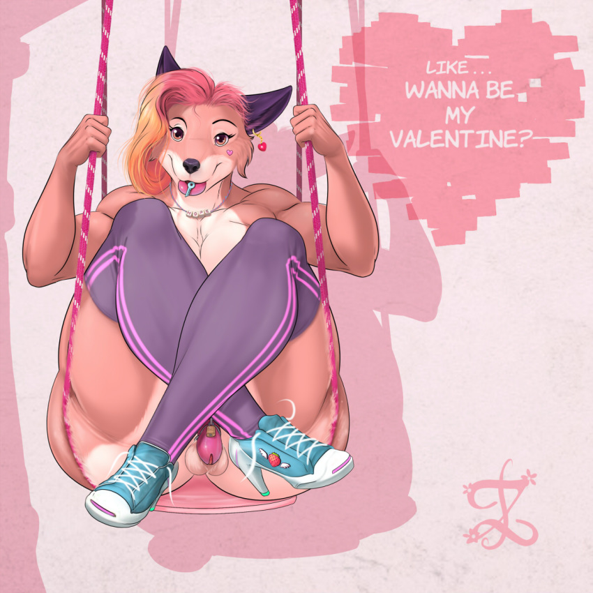 &lt;3 1:1 2020 balls blonde_hair brown_eyes brown_hair canid canine chastity_cage chastity_device clothing dialogue ear_piercing english_text footwear fox fur genitals girly hair hi_res high_heels holidays jewelry key legwear lipstick lock makeup male mammal multicolored_body multicolored_fur multicolored_hair necklace piercing piericing pink_hair pink_lipstick purple_ears shoes socks solo stockings swing text two_tone_body two_tone_fur two_tone_hair valentine's_day white_body white_fur zorro_re zorro_re_(character)
