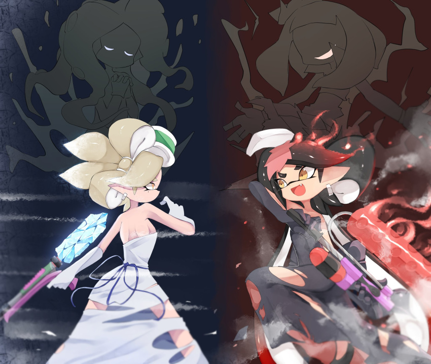 2girls aori_(splatoon) back bare_shoulders black_dress black_gloves black_hair brown_eyes closed_eyes commentary cousins domino_mask dress earrings elbow_on_knee evil_grin evil_smile fang fighting fire flame gloves gradient_hair grey_hair grin gun hairband highres hime_(splatoon) holding holding_gun holding_weapon hotaru_(splatoon) ice iida_(splatoon) jewelry long_dress long_hair mask multicolored_hair multiple_girls open_mouth pointy_ears praying red_hair shoulder_blades silhouette smile smoke splat_charger_(splatoon) splat_roller_(splatoon) splatoon_(series) strapless strapless_dress sukeo_(nunswa08) tentacle_hair torn_clothes torn_dress very_long_hair weapon white_dress white_gloves white_hairband