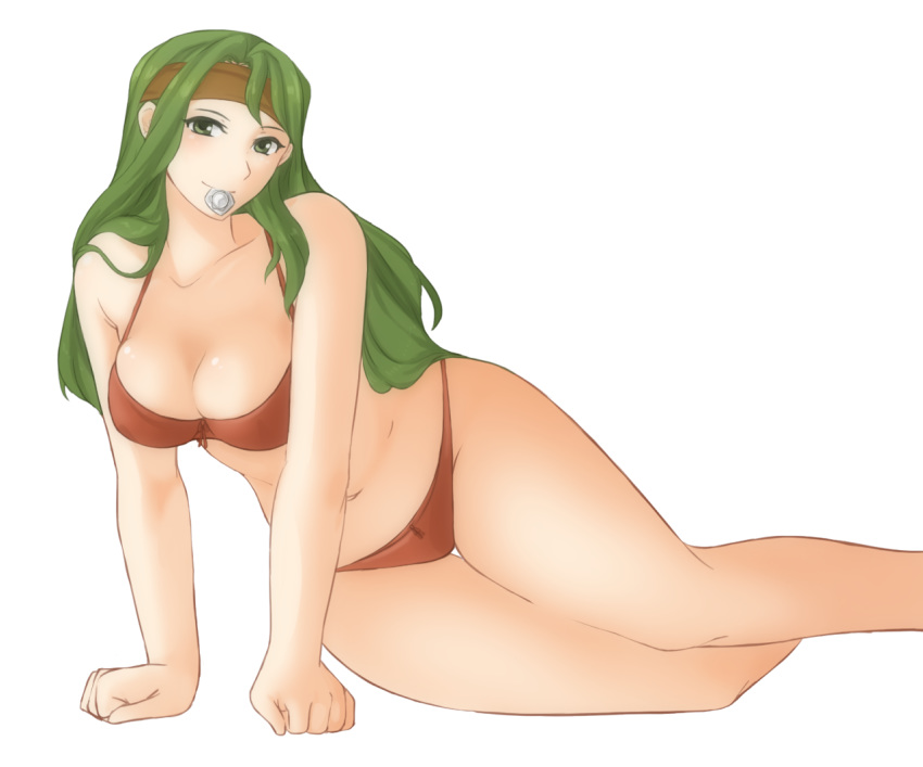 1girl bandana bare_shoulders bra breasts cleavage collarbone condom condom_in_mouth curvy fire_emblem fire_emblem:_the_sacred_stones fire_emblem_heroes green_eyes green_hair large_breasts light_blush long_hair looking_at_viewer lying mouth_hold navel on_side panties sitting solo syrene_(fire_emblem) thighs transparent_background tridisart underwear wide_hips