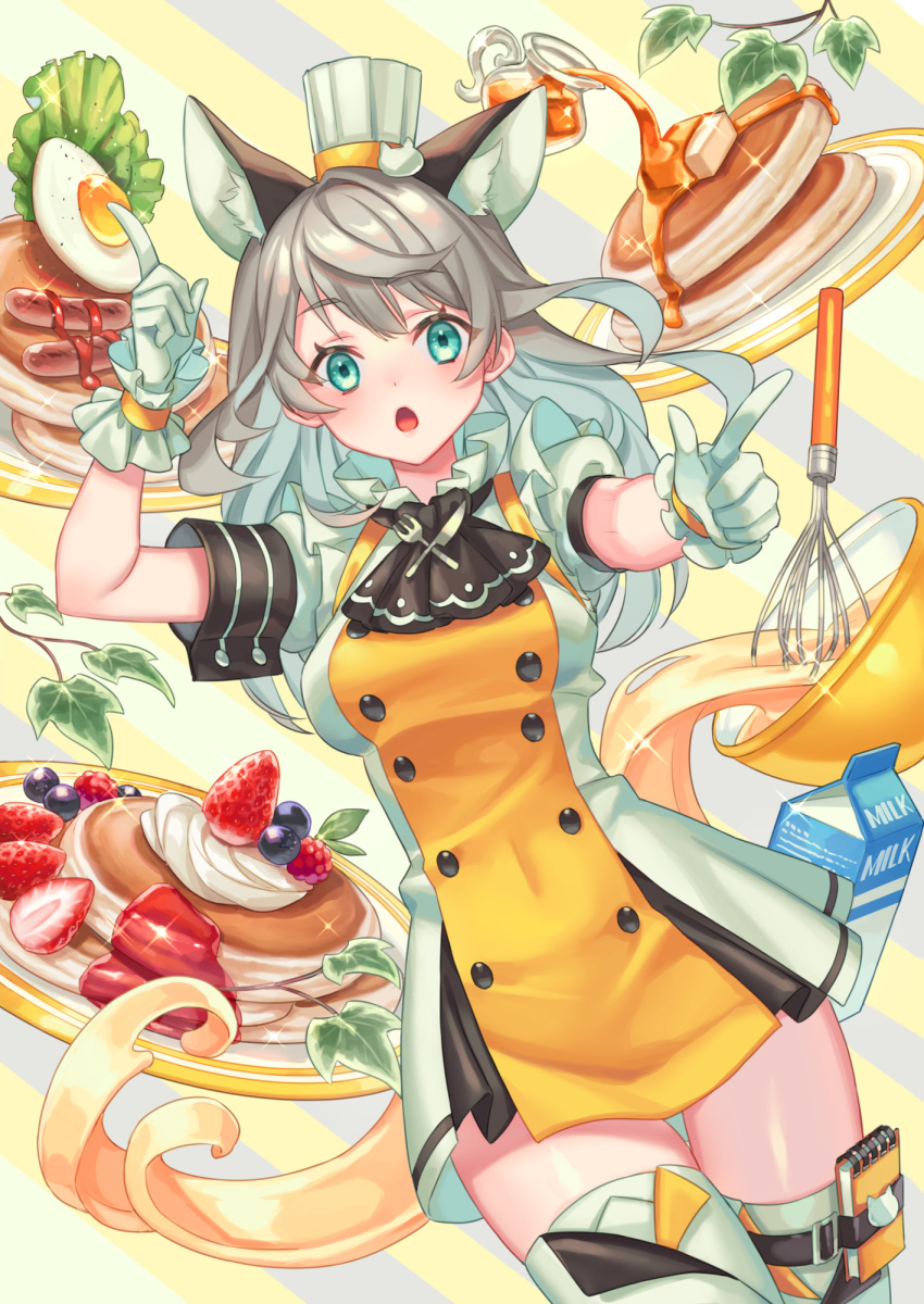 1girl :o animal_ear_fluff animal_ears ascot bangs batter black_neckwear blue_eyes blueberry bowl breasts butter buttons cat_ears cat_hair_ornament chef_hat collar commentary_request cowboy_shot diagonal-striped_background diagonal_stripes dress eyebrows_visible_through_hair food fork frilled_collar frills fruit gloves hair_ornament hands_up hat highres holster index_fingers_raised ketchup knife large_breasts leaf long_hair looking_at_viewer milk_carton mixing_bowl notepad original pancake plate raspberry sausage short_sleeves sidelocks silver_hair solo sparkle stack_of_pancakes strawberry striped striped_background sunny_side_up_egg sweets syrup thigh_holster thighhighs two-tone_dress whipped_cream whisk white_dress white_gloves white_legwear wrist_cuffs yellow_dress zettai_ryouiki zoff_(daria)