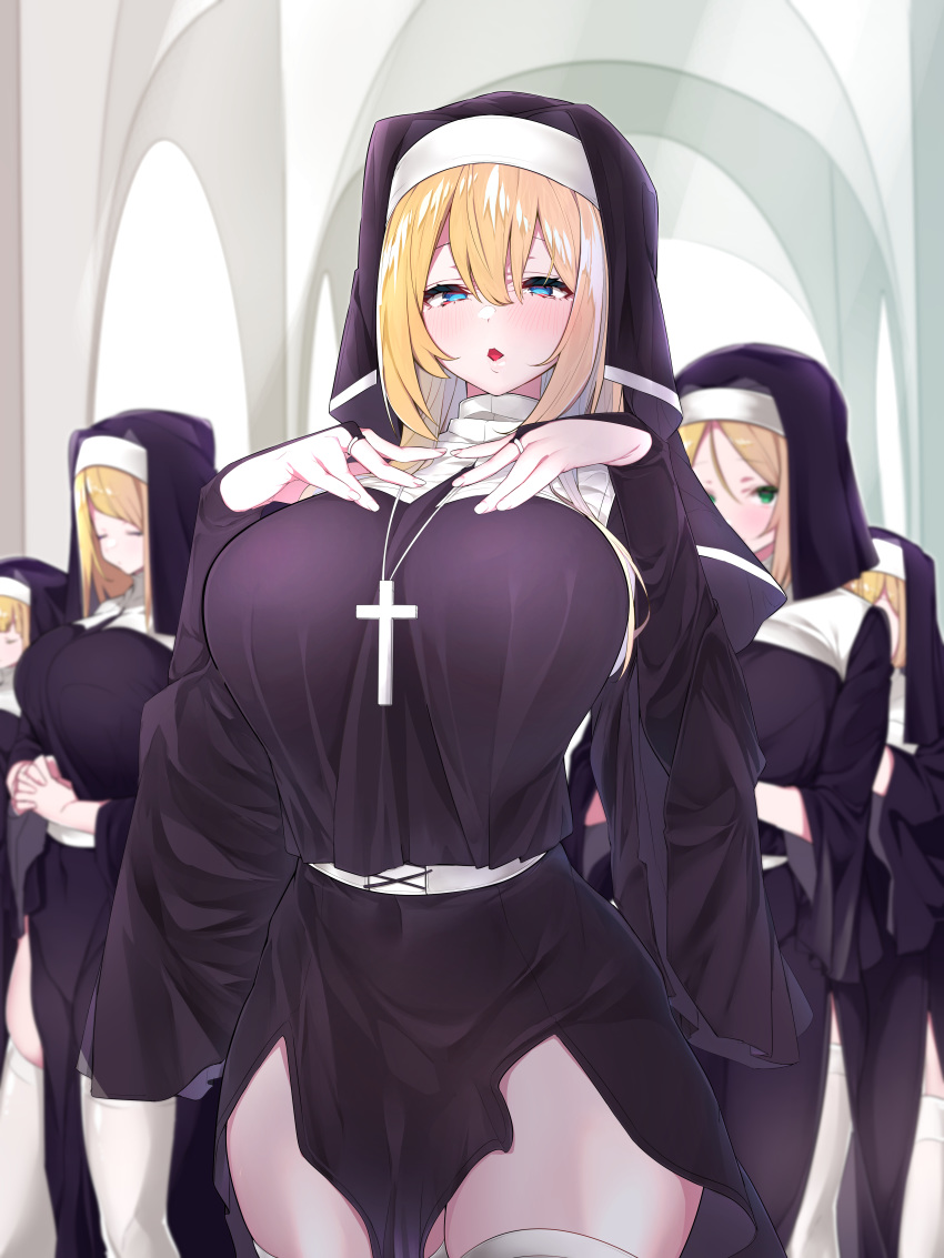5girls absurdres blonde_hair blue_eyes blurry breasts covered_navel cross cross_necklace curvy depth_of_field habit highres huge_breasts jewelry large_breasts long_hair looking_at_viewer mitsudoue multiple_girls necklace nun original parted_lips ring thick_thighs thighhighs thighs white_legwear wide_hips
