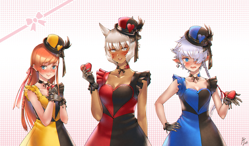 3girls absurdres alisaie_leveilleur animal_ears annoyed arm_at_side bangs bare_arms black_dress blind blue_dress blue_eyes box braid breasts cat_ears cat_girl cleavage closed_mouth collar collarbone dark_skin dress ear_clip elezen elf embarrassed eyebrows_visible_through_hair facial_mark fang final_fantasy final_fantasy_xiv frills furrowed_eyebrows gift gift_box gloves grey_hair haimerejzero hair_over_one_eye hand_on_hip hand_up hands_up hat heart heart-shaped_box highres holding holding_gift hyur incoming_gift long_hair looking_at_viewer miqo'te multicolored multicolored_clothes multicolored_dress multiple_girls open_mouth parted_lips pointy_ears red_dress red_hair ryne short_hair silver_eyes silver_hair single_braid sleeveless sleeveless_dress slit_pupils smile upper_body valentine y'shtola_rhul yellow_dress