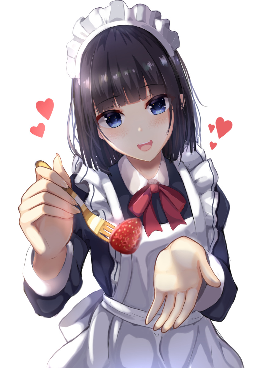 1girl :d absurdres apron back_bow bangs black_dress blue_eyes blunt_bangs blurry_foreground blush bow breasts collared_dress commentary_request cowboy_shot dress dress_shirt eyebrows_visible_through_hair feeding food fork fruit head_tilt heart highres holding holding_fork juliet_sleeves kanata_(harukakanatan) long_sleeves looking_at_viewer maid maid_apron maid_headdress medium_breasts medium_hair mole mole_under_eye neck_ribbon open_mouth original pov_feeding puffy_sleeves red_ribbon ribbon shirt sidelocks simple_background skirt smile solo strawberry white_background white_skirt