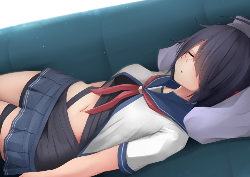 1girl bangs black_hair blush breasts closed_eyes couch eyebrows_visible_through_hair hair_ornament hair_over_one_eye kako_(kantai_collection) kantai_collection long_hair lying messy_hair midriff miniskirt ne_an_ito neckerchief on_back open_mouth parted_bangs pleated_skirt red_neckwear school_uniform serafuku skirt sleeping underboob