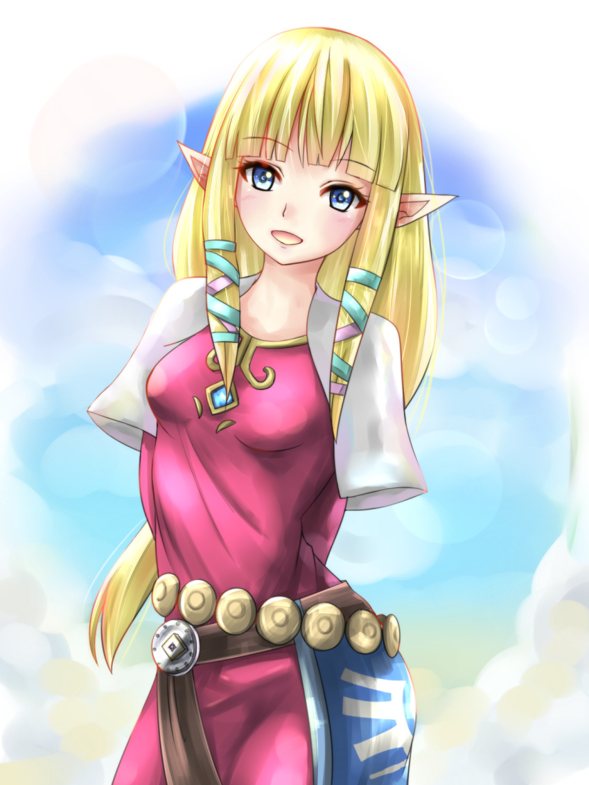 1girl arms_behind_back blonde_hair blue_eyes blush breasts cloud day dress eyebrows_visible_through_hair hair_ribbon highres jewelry looking_at_viewer open_mouth pink_dress pointy_ears princess_zelda racket_ti1 ribbon sky smile solo the_legend_of_zelda the_legend_of_zelda:_skyward_sword