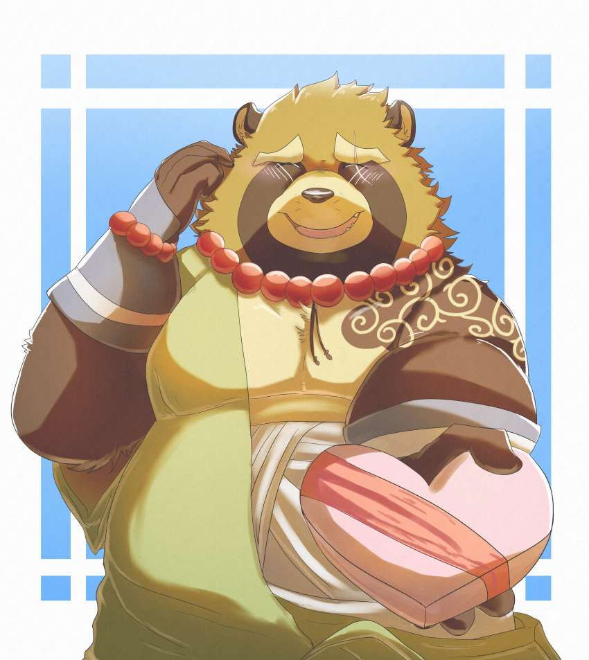 2020 absurd_res anthro belly blush brown_body brown_fur canid canine clothing eyes_closed fur guacamolesenpai gyobu hi_res holidays humanoid_hands inushishigami male mammal overweight overweight_male raccoon_dog robe scar solo tanuki tattoo valentine's_day