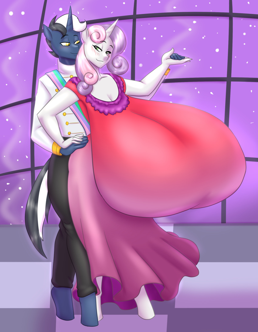 absurd_res anthro big_breasts blues64 breasts cleavage clothed clothing dancing equid female friendship_is_magic hi_res horn huge_breasts hyper hyper_breasts male mammal marauder6272 my_little_pony night star sweetie_belle_(mlp) unicorn window