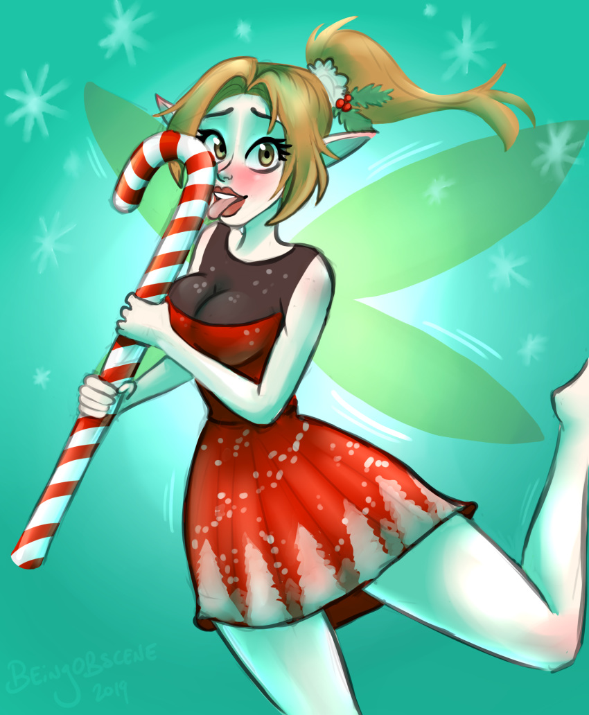 2019 barefoot beingobscene blonde_hair blush breasts candy candy_cane christmas clothing dress fairy female food hair hi_res holidays humanoid humanoid_pointy_ears licking not_furry simple_background solo tongue tongue_out winged_humanoid wings