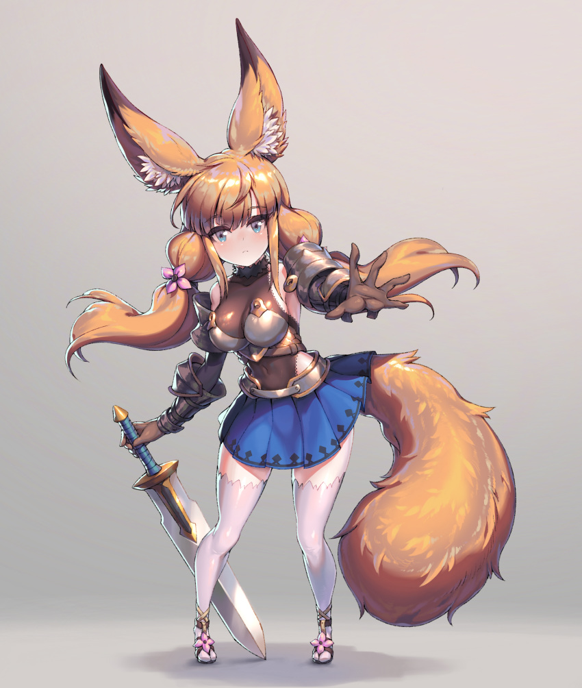 1girl absurdres animal_ear_fluff animal_ears armor armpits black_leotard blue_eyes blue_skirt breastplate breasts brown_gloves brown_hair covered_navel fox_ears full_body gloves grey_background highres leotard long_hair low_twintails miniskirt original outstretched_arm outstretched_hand raccoon_tail sandals simple_background skirt solo sword tabi tail thighhighs totocos7 twintails vambraces weapon white_legwear