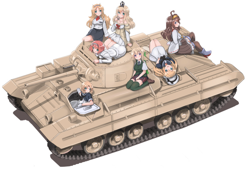 6+girls ahoge ark_royal_(kantai_collection) ascot bangs blonde_hair blue_eyes blue_neckwear blue_skirt blunt_bangs bob_cut boots braid braided_bangs braided_bun breasts brown_footwear brown_hair cape caterpillar_tracks cloak commentary_request corset crown detached_sleeves double_bun dress dress_shirt flower french_braid gloves green_cape green_cloak green_legwear green_vest ground_vehicle hairband hat headgear high_heels highres inverted_bob janus_(kantai_collection) japanese_clothes jervis_(kantai_collection) kantai_collection kongou_(kantai_collection) large_breasts loafers long_hair long_sleeves military military_uniform military_vehicle mini_crown motor_vehicle multiple_girls necktie nelson_(kantai_collection) nontraditional_miko off-shoulder_dress off_shoulder perth_(kantai_collection) plaid plaid_skirt pleated_skirt red_flower red_hair red_neckwear red_ribbon red_rose redundant-cat ribbon ribbon-trimmed_sleeves ribbon_trim rose sailor_dress sailor_hat school_uniform shirt shoes short_hair short_sleeves simple_background skirt tank thigh_boots thighhighs tiara uniform vest warspite_(kantai_collection) white_background white_corset white_dress white_gloves white_headwear white_shirt
