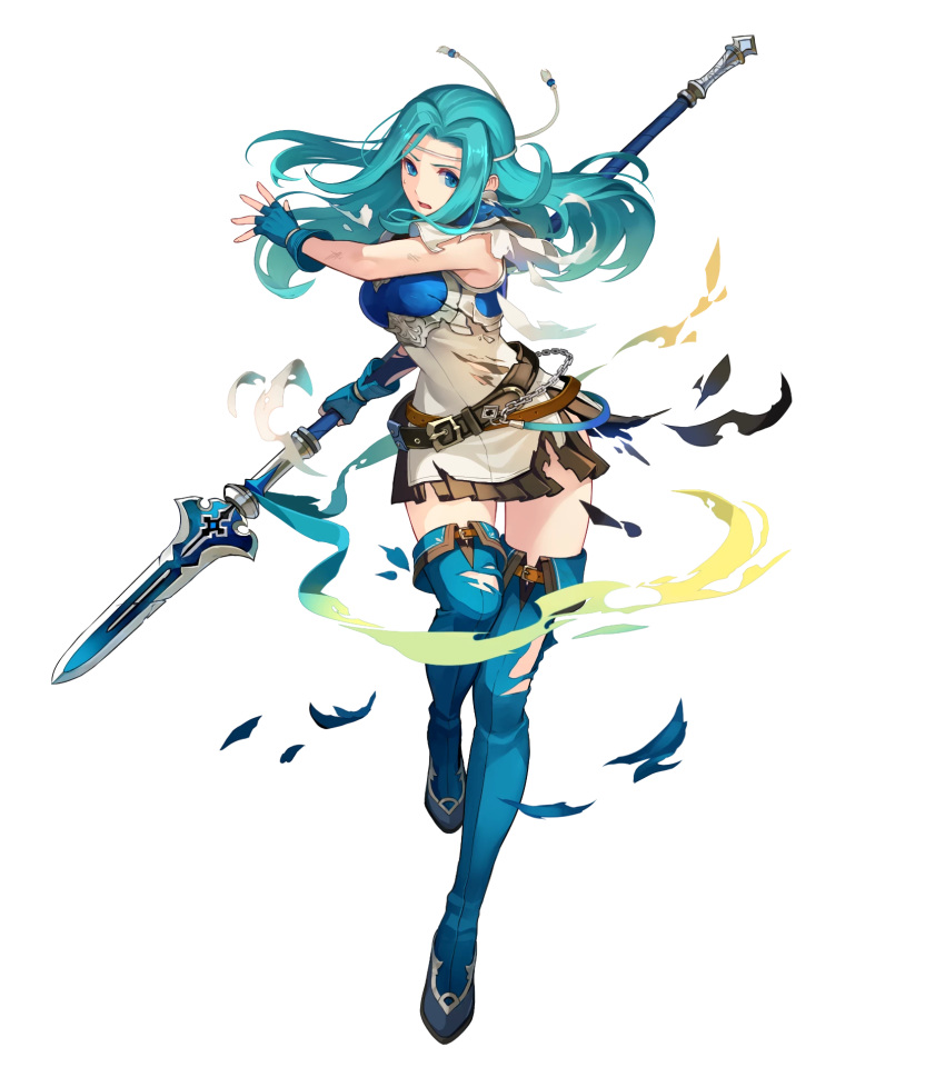 1girl aqua_hair armor bangs belt blue_eyes blue_footwear blue_gloves boots breastplate dress fingerless_gloves fiora_(fire_emblem) fire_emblem fire_emblem:_the_blazing_blade fire_emblem_heroes full_body gloves highres holding holding_weapon konfuzikokon long_hair official_art open_mouth parted_bangs polearm shiny shiny_hair short_dress short_sleeves shoulder_armor shoulder_pads solo spear thigh_boots thighhighs torn_clothes transparent_background turtleneck weapon white_dress