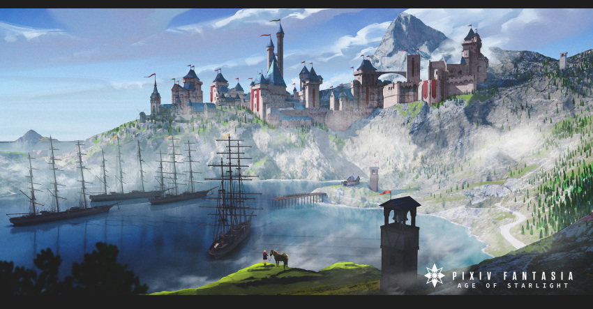 1girl absurdres baka_(mh6516620) blonde_hair blue_sky building castle cliff cloud copyright_name day facing_away highres horse letterboxed mountain pixiv_fantasia pixiv_fantasia_age_of_starlight ship short_hair sky solo standing water watercraft