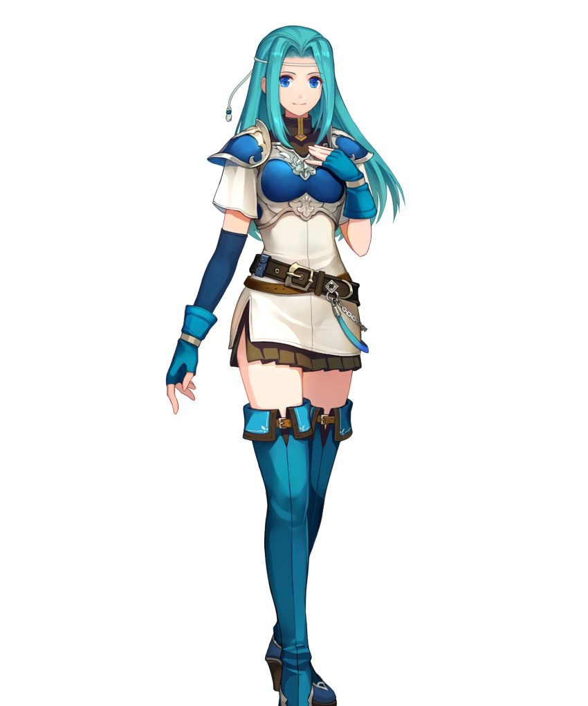 1girl aqua_hair armor bangs belt blue_eyes blue_footwear blue_gloves boots breastplate closed_mouth dress fingerless_gloves fiora_(fire_emblem) fire_emblem fire_emblem:_the_blazing_blade fire_emblem_heroes full_body gloves hand_on_own_chest highres konfuzikokon long_hair looking_at_viewer official_art parted_bangs shiny shiny_hair short_dress short_sleeves shoulder_armor shoulder_pads smile solo standing thigh_boots thighhighs transparent_background turtleneck white_dress