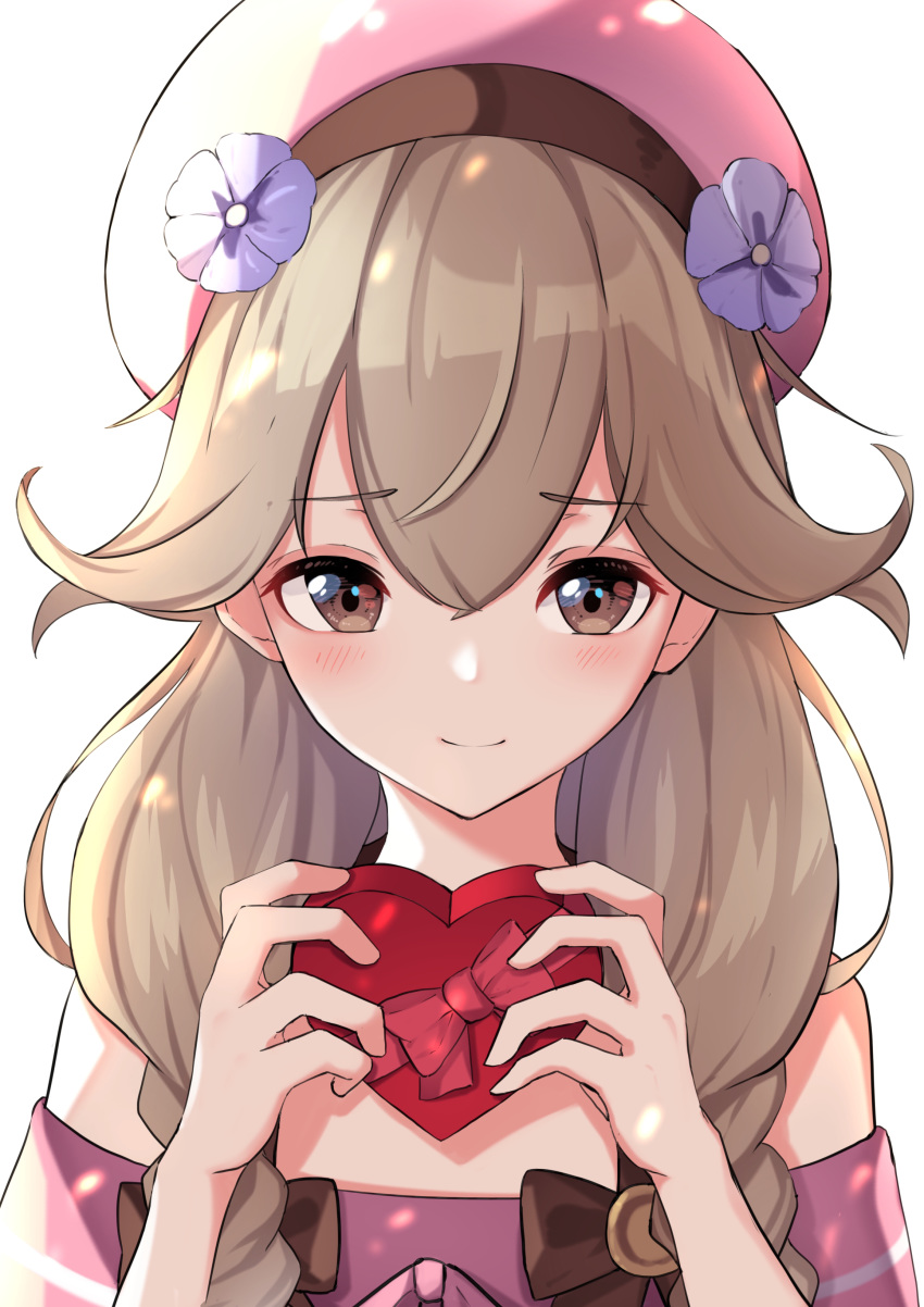+5cm 1girl absurdres blonde_hair bow box braid brown_eyes closed_mouth faye_(fire_emblem) fire_emblem fire_emblem_echoes:_shadows_of_valentia fire_emblem_heroes gift gift_box hat highres holding long_hair simple_background smile solo twin_braids upper_body valentine white_background