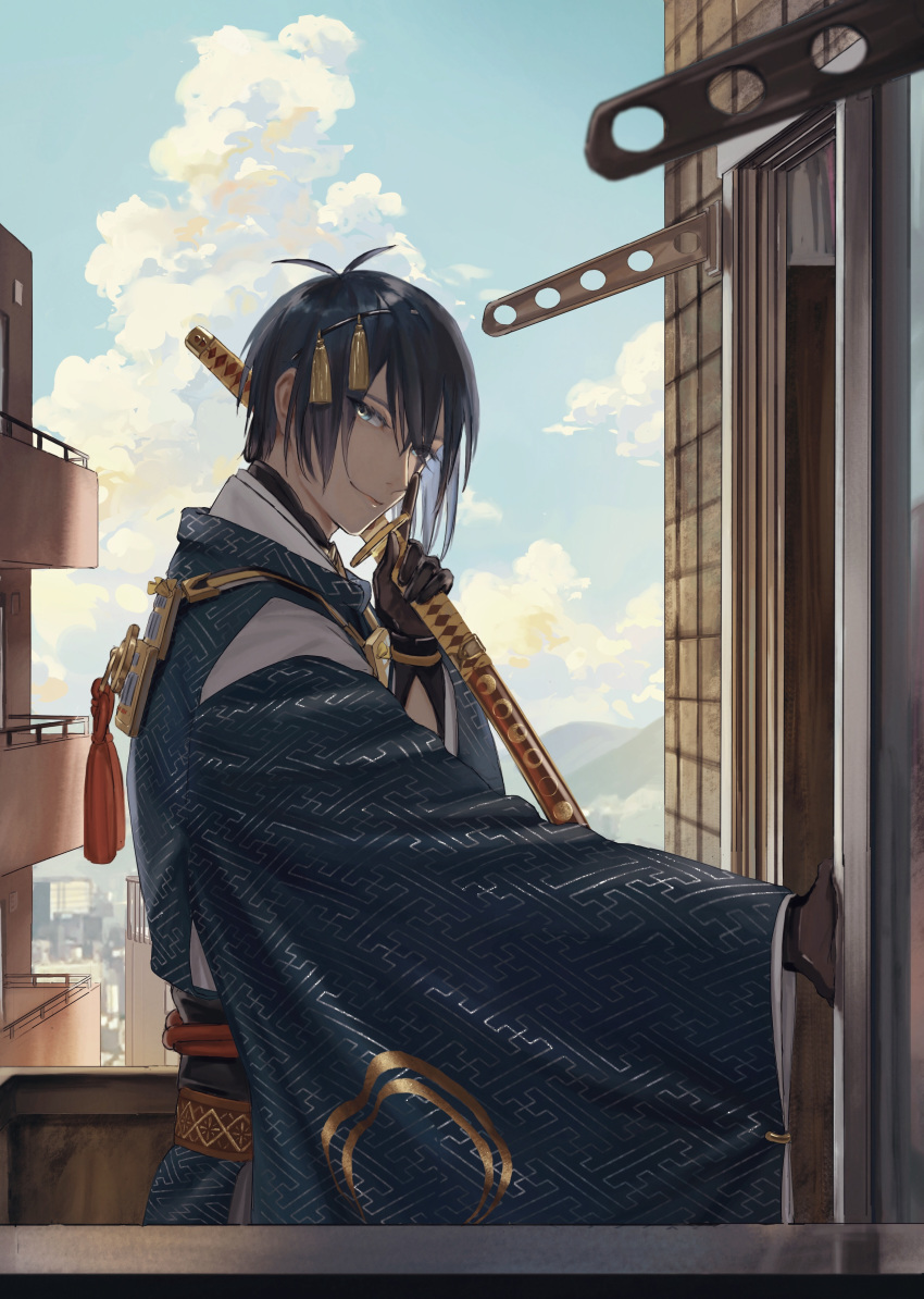 1boy absurdres black_gloves blue_eyes blue_hair blue_sky building cityscape cloud gloves hataya highres index_finger_raised japanese_clothes katana male_focus mikazuki_munechika sayagata sheath sheathed sky smile sword tassel touken_ranbu weapon