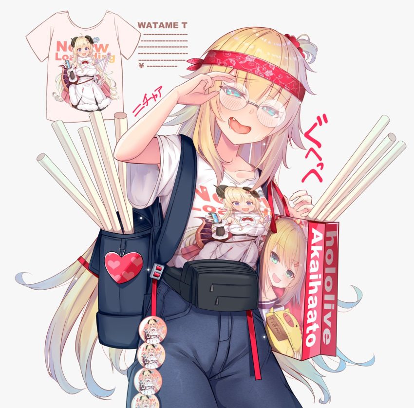 adjusting_eyewear akai_haato alternate_costume badge bag bespectacled blonde_hair blue_eyes breasts collarbone fang glasses haaton_(haato_channel) heart heart-shaped_pupils highres hololive long_hair looking_at_viewer open_mouth poster_(object) saliva shirt symbol-shaped_pupils t-shirt virtual_youtuber yoshiheihe