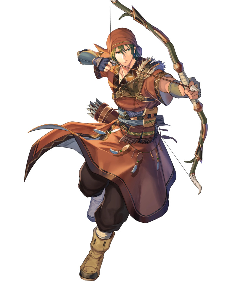 1boy arrow bandages bandana belt boots bow_(weapon) earrings fingerless_gloves fire_emblem fire_emblem:_the_blazing_blade fire_emblem_heroes full_body fur_trim gloves green_eyes green_hair highres jewelry official_art quiver rath_(fire_emblem) solo transparent_background weapon