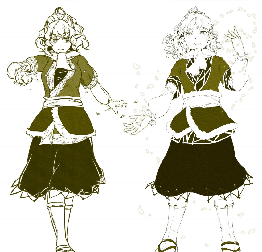 arm_warmers full_body green_theme highres hiyuu_(flying_bear) looking_at_viewer medium_hair mizuhashi_parsee monochrome open_mouth petals pointy_ears revision scarf short_hair skirt smile standing touhou