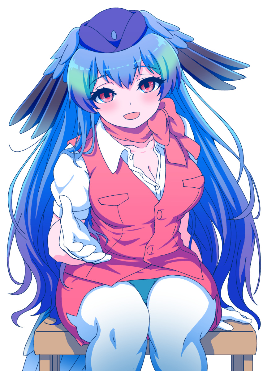 1girl aqua_panties arm_behind_back bangs bare_arms beckoning bird_wings blue_hair bow bowtie breasts buttons cleavage collarbone collared_shirt eyebrows_visible_through_hair flight_attendant gloves green_hair hair_between_eyes hand_up hat head_wings highres kemono_friends long_hair looking_at_viewer multicolored_hair open_mouth panties pantyshot pantyshot_(sitting) partially_unbuttoned passenger_pigeon_(kemono_friends) pencil_skirt purple_hair quatre_aaaa reaching_out red_eyes red_skirt red_vest shirt short_sleeves sitting skirt smile thighhighs underwear very_long_hair vest white_gloves white_legwear wing_collar wings