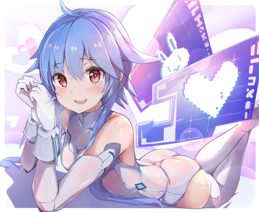 1girl :d absurdres animal_print ass bare_shoulders blue_hair blush bunny_print commentary_request crossed_ankles elbow_gloves elbow_rest feet gloves hair_between_eyes happy heart heart-shaped_pupils heart_background heart_print highres leotard looking_at_viewer lying neptune_(series) on_stomach open_mouth papion red_eyes short_hair_with_long_locks smile solo symbol-shaped_pupils thighhighs thighs upper_teeth white_gloves white_heart white_legwear white_leotard wings