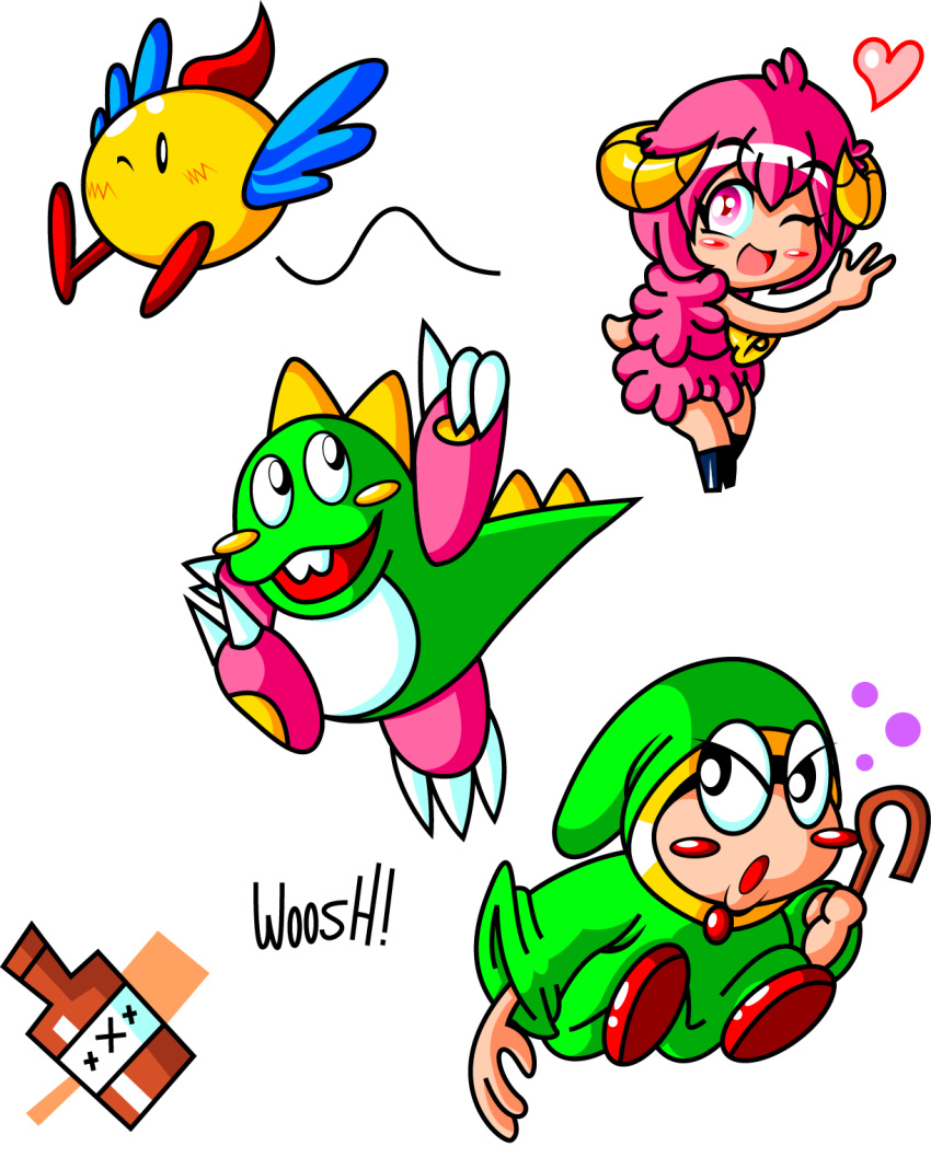 &lt;3 alpha_channel animal_humanoid avian beer_bottle bird black_eyes blue_body blue_feathers blush bob_(bubble_bobble) bottle bovid bovid_humanoid bubble_bobble buckteeth bust-a-move caprine caprine_humanoid chack'n chack'n_pop dinosaur drunk_(bubble_bobble) feathers fur green_body green_scales hair hi_res hood horn humanoid jamesmantheregenold mammal mammal_humanoid mouthless one_eye_closed open_mouth pink_body pink_eyes pink_fur pink_hair pink_scales puzzle_bobble red_hair reptile scales scalie sheep_humanoid smile teeth white_body white_scales wink woolen yellow_body yellow_feathers yelow_scales