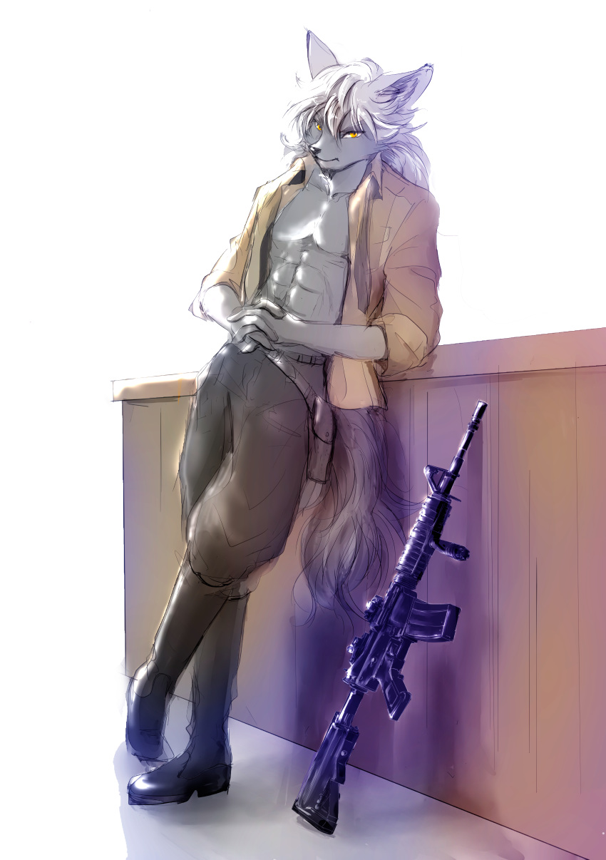 abs absurd_res anthro assault_rifle boots bottomwear canid canine canis clothed clothing crossed_legs footwear full-length_portrait fully_clothed fur grey_body grey_fur grey_hair gun hair hi_res holster leaning leaning_back looking_at_viewer m4 male mammal muscular muscular_male nukisan_wolf open_shirt pants pecs portrait pose ranged_weapon rifle shirt solo standing topwear weapon wolf yellow_eyes