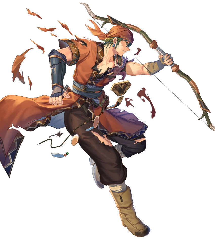 1boy arrow bandages bandana belt boots bow_(weapon) earrings fingerless_gloves fire_emblem fire_emblem:_the_blazing_blade fire_emblem_heroes full_body fur_trim gloves green_eyes green_hair highres injury jewelry official_art quiver rath_(fire_emblem) solo teeth torn_clothes transparent_background weapon