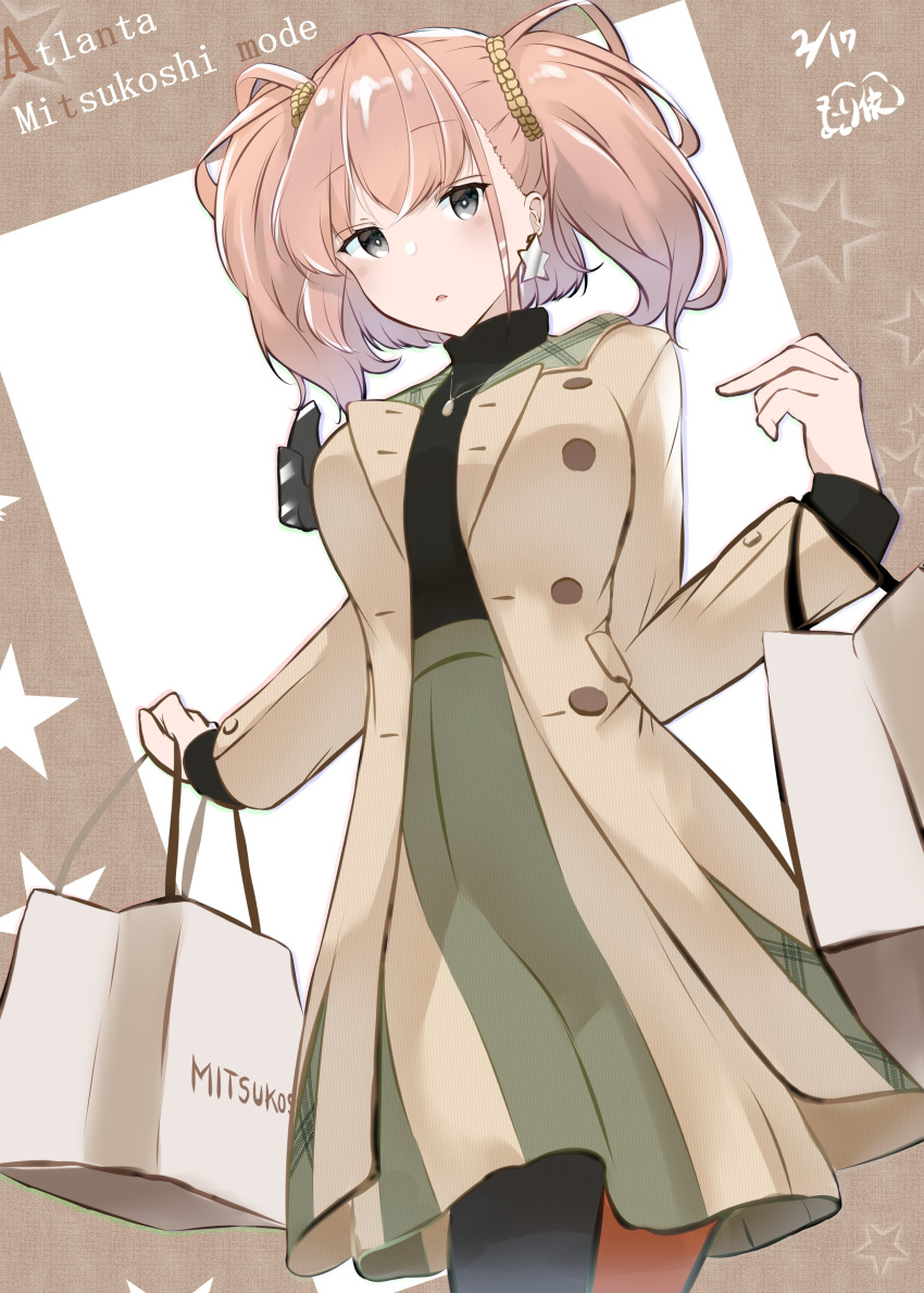 1girl absurdres alternate_costume atlanta_(kantai_collection) bag black_sweater breasts brown_coat casual coat earrings eyebrows_visible_through_hair from_below green_skirt grey_eyes highres holding holding_bag jewelry kantai_collection large_breasts long_hair long_skirt looking_at_viewer mitsukoshi_(department_store) necklace pink_hair shanghmely shopping_bag skirt solo star star_earrings sweater turtleneck turtleneck_sweater two_side_up
