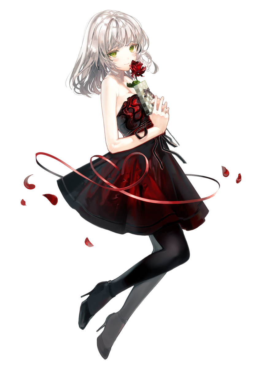 1girl absurdres black_dress black_legwear closed_mouth commentary dress flower gift green_eyes highres hina_(isekai_goumonhime) isekai_goumonhime long_hair official_art pantyhose red_flower red_ribbon red_rose ribbon rose silver_hair solo strapless strapless_dress ukai_saki white_background