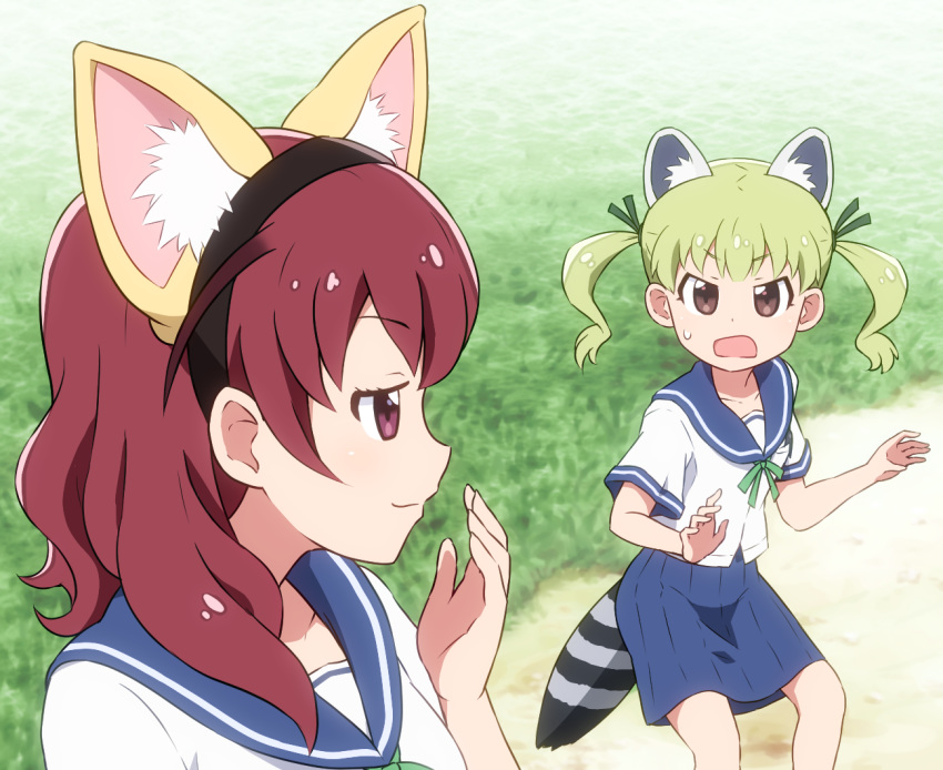 2girls animal_ear_fluff animal_ears bangs black_hairband blue_sailor_collar blue_skirt blurry blurry_background blush brown_eyes brown_hair closed_mouth commentary_request common_raccoon_(kemono_friends) day depth_of_field eyebrows_visible_through_hair fake_animal_ears fennec_(kemono_friends) fox_ears green_hair green_ribbon hair_ribbon hairband hand_up ibe_sayuri kemono_friends koisuru_asteroid long_hair multiple_girls neck_ribbon open_mouth outdoors pleated_skirt profile raccoon_ears raccoon_tail ribbon sailor_collar school_uniform serafuku shirosato shirt short_sleeves skirt smile striped_tail sweat tail twintails usami_ayano white_shirt