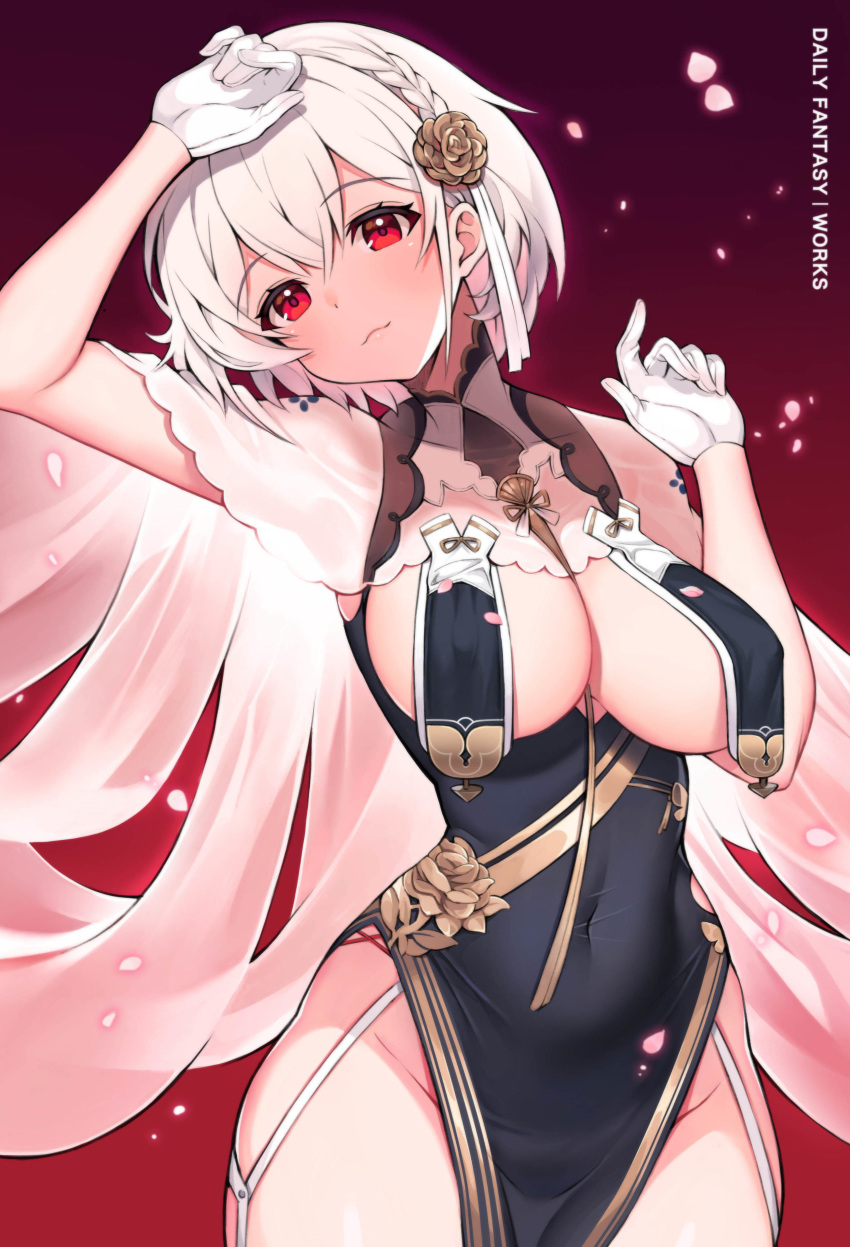 1girl absurdres arm_up azur_lane bangs blush braid breast_curtains breasts china_dress chinese_clothes cleavage closed_mouth covered_navel dress floral_print flower garter_straps gloves gradient gradient_background grey_dress hair_between_eyes hair_flower hair_ornament half_gloves highres large_breasts looking_at_viewer neckwear_between_breasts pelvic_curtain petals red_background red_eyes revealing_clothes sheer_clothes short_hair side_braid side_slit sideboob silver_hair sirius_(azur_lane) sirius_(azure_horizons)_(azur_lane) smile solo sosai_salada thighhighs thighs white_gloves white_legwear