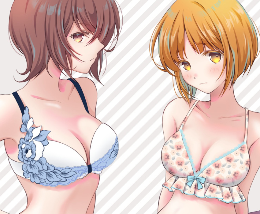 2girls arms_behind_back bangs blue_bra blush bow bow_bra bra breasts brown_eyes brown_hair cleavage closed_mouth diagonal-striped_background diagonal_stripes embroidered_bra eyebrows_visible_through_hair floral_print frilled_bra frills frown girls_und_panzer grey_background hand_on_hip head_tilt highres lace lace-trimmed_bra looking_at_viewer medium_breasts multiple_girls nishizumi_maho nishizumi_miho parted_lips print_bra sheepd short_hair siblings sisters striped striped_background underwear underwear_only