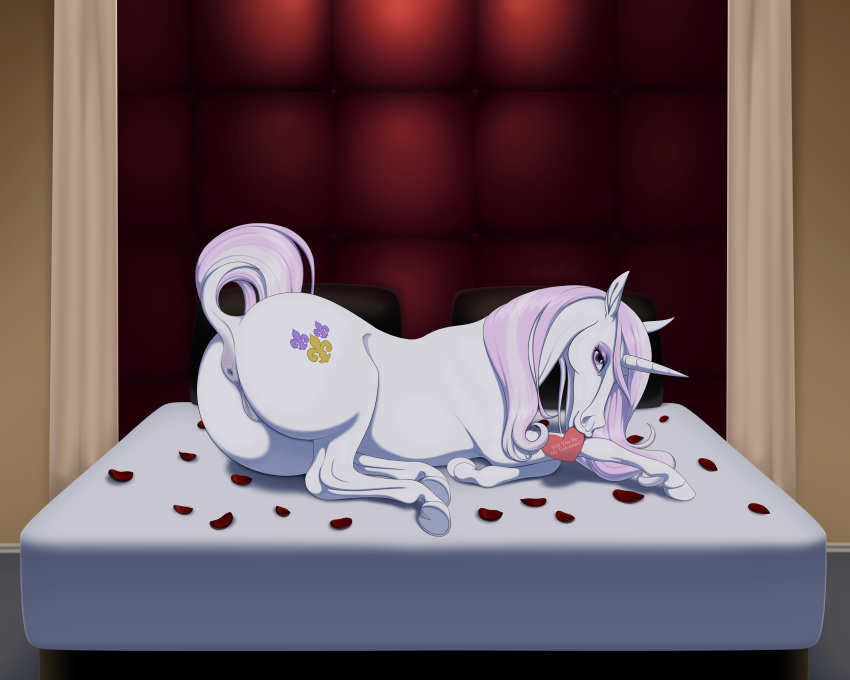 2020 5:4 absurd_res anus bed butt cutie_mark equid f0rever13 female feral fleur_de_lis_(mlp) friendship_is_magic furniture genitals hair hi_res holidays horn inside looking_at_viewer mammal multicolored_hair my_little_pony on_bed pussy smile solo two_tone_hair unicorn valentine's_day