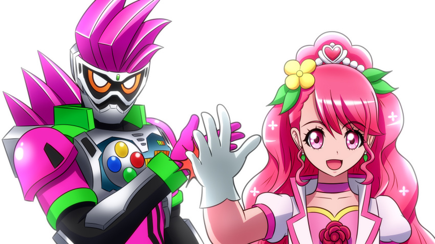 armor brooch coat commentary_request cure_grace earrings gloves healin'_good_precure helmet highres jewelry kamen_rider kamen_rider_ex-aid kamen_rider_ex-aid_(series) pink_eyes pink_hair ponzu_(anagosan02) precure trait_connection