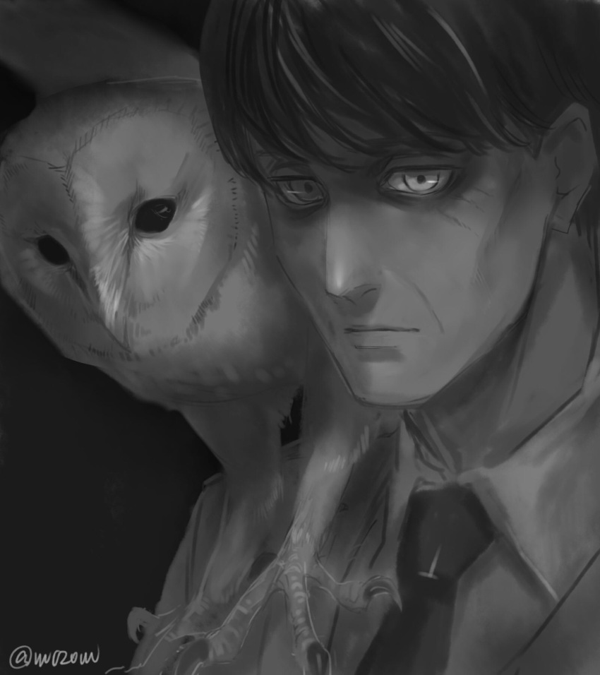 1boy bird black_hair closed_mouth eren_kruger facial_mark facial_scar formal grey_background greyscale hat hat_removed headwear_removed highres jacket male_focus military military_uniform monochrome necktie owl scar shingeki_no_kyojin short_hair signature simple_background solo suit uniform vvv020vvv