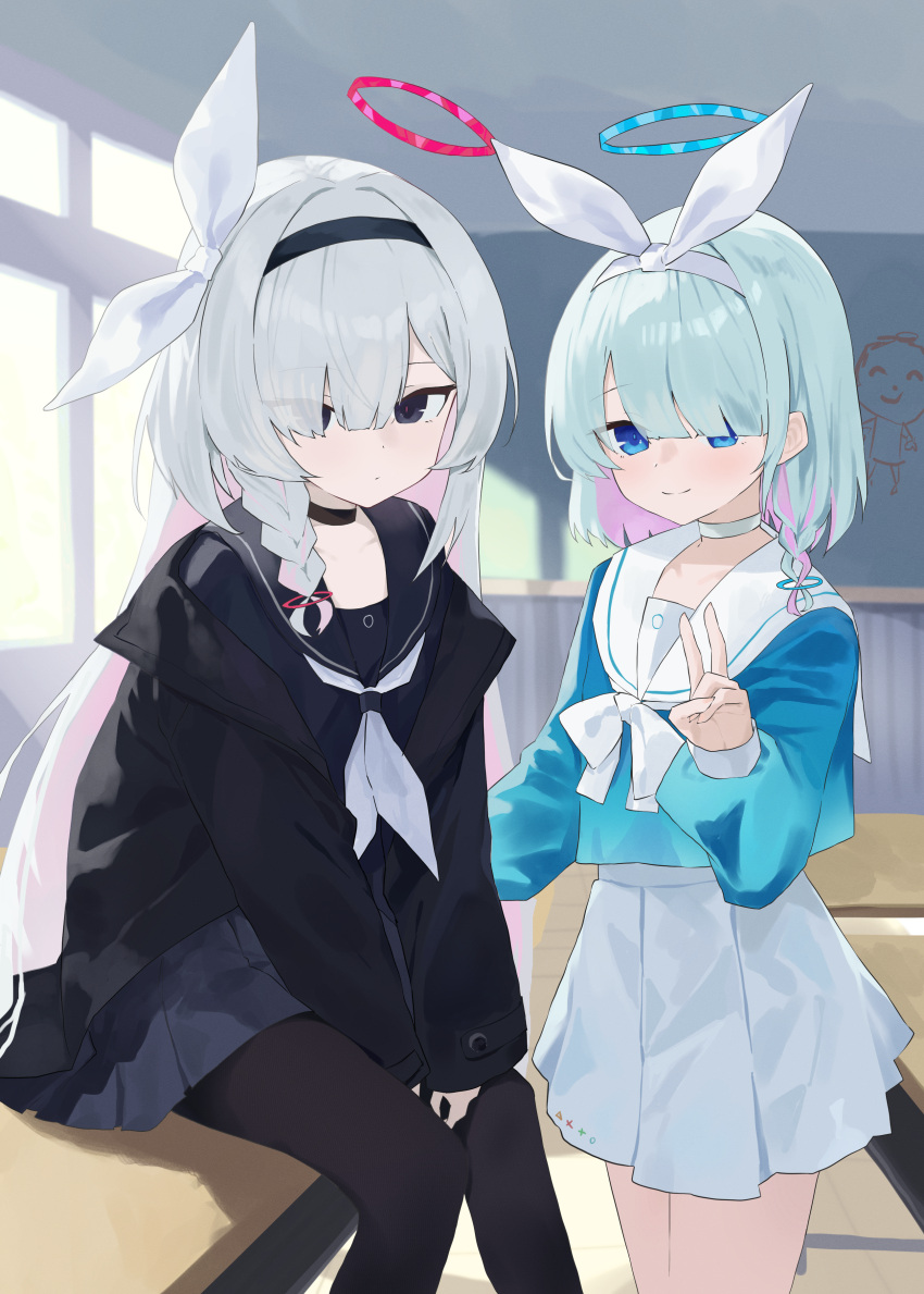 2girls absurdres arona_(blue_archive) black_choker black_coat black_eyes black_hairband black_pantyhose black_sailor_collar black_serafuku black_shirt black_skirt blue_archive blue_eyes blue_hair blue_shirt blush braid choker closed_mouth coat doodle_sensei_(blue_archive) evening_rabbit hair_over_one_eye hair_ribbon hairband highres long_hair looking_at_viewer multiple_girls on_table pantyhose plana_(blue_archive) ribbon sailor_collar school_uniform sensei_(blue_archive) serafuku shirt sidelocks single_braid sitting skirt smile table v white_choker white_hair white_hairband white_ribbon white_sailor_collar white_skirt