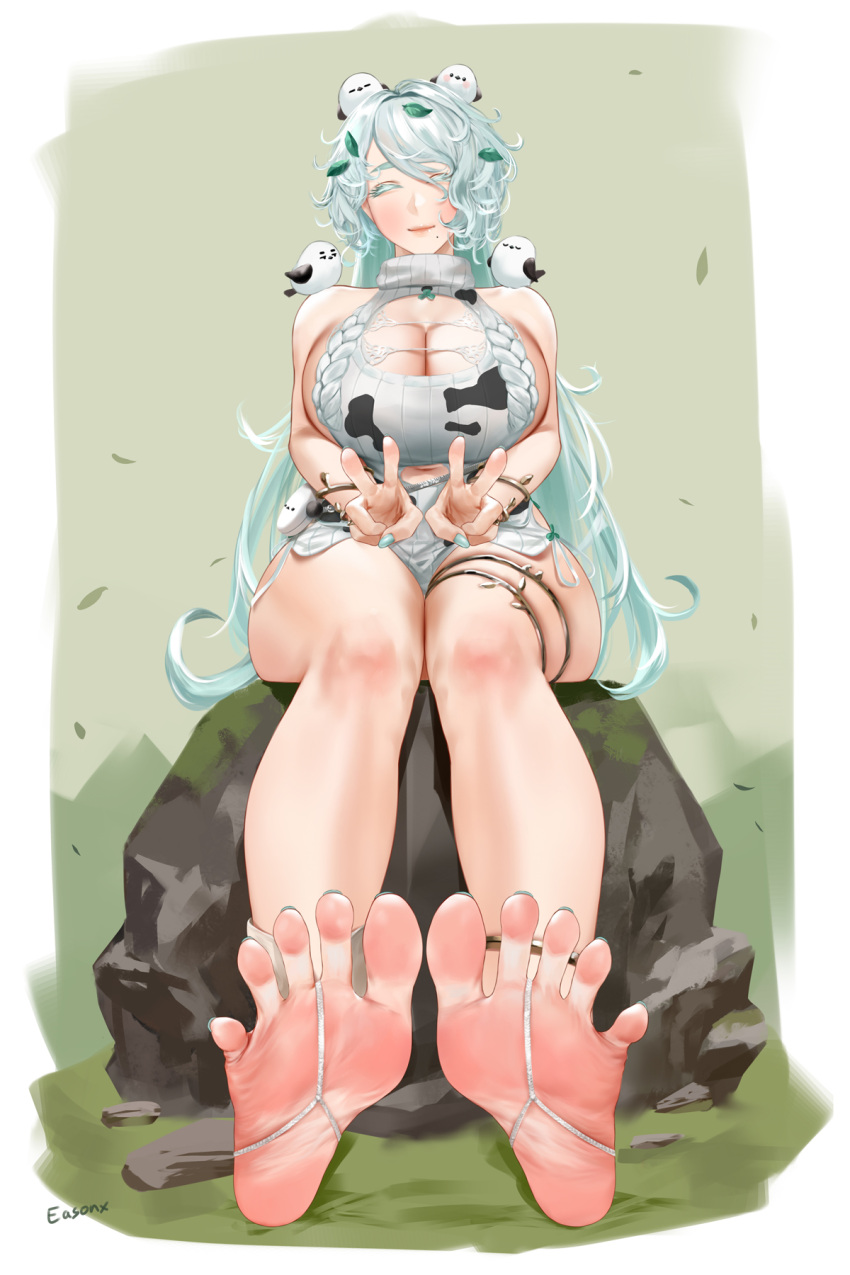 1girl animal_on_head animal_on_shoulder anklet aqua_hair aqua_nails bare_arms bare_legs bare_shoulders barefoot bird bird_on_head bird_on_shoulder border bracelet breasts cleavage cleavage_cutout closed_eyes clothing_cutout clover colored_eyelashes dorsiflexion double_v easonx falling_leaves feet foot_focus goddess_of_victory:_nikke hair_between_eyes hair_over_one_eye highres huge_breasts jewelry leaf leaf_on_head legs long-tailed_tit long_hair long_hair_between_eyes looking_at_viewer meme_attire mole mole_under_mouth nail_polish navel navel_cutout on_head on_rock print_sweater ribbed_sweater sideboob signature sitting skindentation sleeveless sleeveless_sweater sleeveless_turtleneck smile soles solo spread_toes sweater swept_bangs thighlet thighs tit_(bird) toenail_polish toenails toes trina_(nikke) turtleneck v very_long_hair virgin_killer_sweater white_border white_sweater