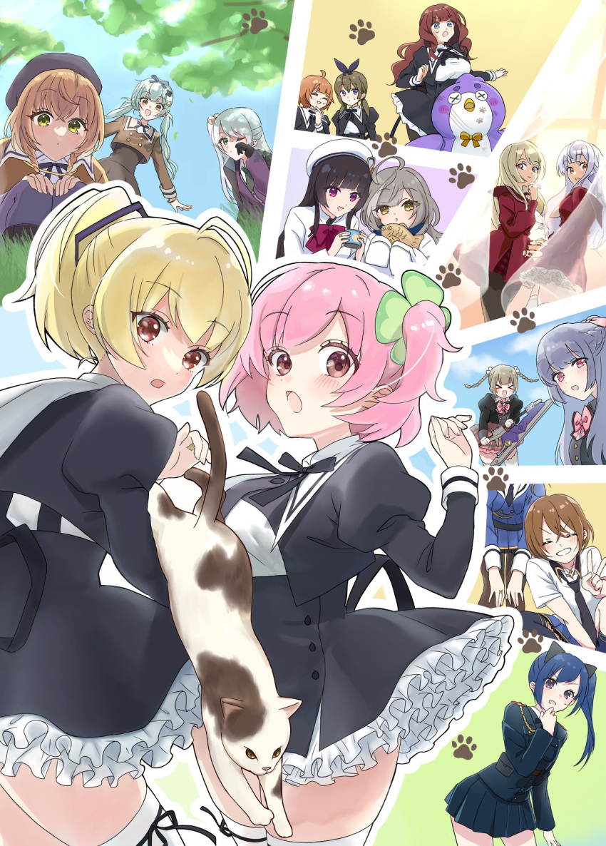 >_< 6+girls :d ^_^ ahoge aiguillette andou_tazusa animal animal_ears assault_lily asymmetrical_legwear bell beret between_legs black_bow black_cape black_flower black_gloves black_hair black_hat black_jacket black_necktie black_pantyhose black_ribbon black_skirt black_socks black_thighhighs blonde_hair blue_bow blue_eyes blue_jacket blue_sky blunt_bangs blush boots bow bowtie braid breasts brown_hair brown_pantyhose brown_sailor_collar brown_skirt buttons can canned_food cape cardigan cat cat_ears closed_eyes closed_mouth cloud clover_hair_ornament collared_shirt commentary_request cropped_jacket crossed_bangs curtains day epaulettes evening facing_viewer fake_animal_ears flower food four-leaf_clover_hair_ornament frilled_skirt frills fukuyama_jeanne_sachie futagawa_fumi gloves gradient_background grass green_eyes green_hair green_necktie grey_hair grin hair_bell hair_between_eyes hair_bow hair_flower hair_ornament hair_ribbon half_up_braid half_updo hand_between_legs hand_on_own_cheek hand_on_own_chin hand_on_own_face hand_up hands_on_own_knees hands_up hat hat_ribbon head_out_of_frame heads_together herensuge_girls_academy_school_uniform hidai_miyazu high-waist_skirt high_ponytail highres hirotsu_yuuzutsu hitotsuyanagi_riri holding holding_can holding_food holding_hands holding_weapon indoors interlocked_fingers ishikawa_aoi jacket jewelry jingle_bell juliet_sleeves kaede_johan_nouvel kanba_girls_high_school_uniform kawamura_yuzuriha kishimoto_lucia_raimu knee_boots kneehighs knees_apart_feet_together kon_kanaho leaning_forward leg_ribbon long_hair long_sleeves looking_at_animal looking_at_viewer looking_to_the_side loose_necktie low_twin_braids low_twintails ludvico_private_girls'_academy_school_uniform medium_breasts medium_hair miniskirt miyagawa_takane mon-chan_(assault_lily) morimoto_yuni multicolored_hair multiple_girls neck_ribbon necktie non-humanoid_robot odaiba_girls_high_school_uniform one_eye_closed one_side_up open_mouth orange_background outdoors outline pantyhose parted_lips pet_food pink_bow pink_bowtie pink_eyes plaid_clothes plaid_skirt pleated_skirt ponytail puffy_sleeves purple_background purple_cardigan purple_eyes purple_pantyhose purple_ribbon red_bow red_bowtie red_shirt red_skirt ribbon ring robot robot_animal robot_bird sailor_collar sasaki_ran school_uniform serafuku shakeza shirt short_hair short_sleeves side_ponytail single_kneehigh single_sock single_thighhigh sitting skirt sky sleeves_past_fingers sleeves_past_wrists smile socks squatting standing streaked_hair suspender_skirt suspenders sweatdrop taiyaki thigh_ribbon thighhighs tree tsukioka_momiji twin_braids twintails ueda_imari v v-shaped_eyebrows wagashi weapon white_hat white_jacket white_outline white_ribbon white_shirt white_thighhighs window yamanashi_hibari yellow_background yellow_eyes yellow_flower yellow_ribbon yurigaoka_girls_academy_school_uniform zettai_ryouiki
