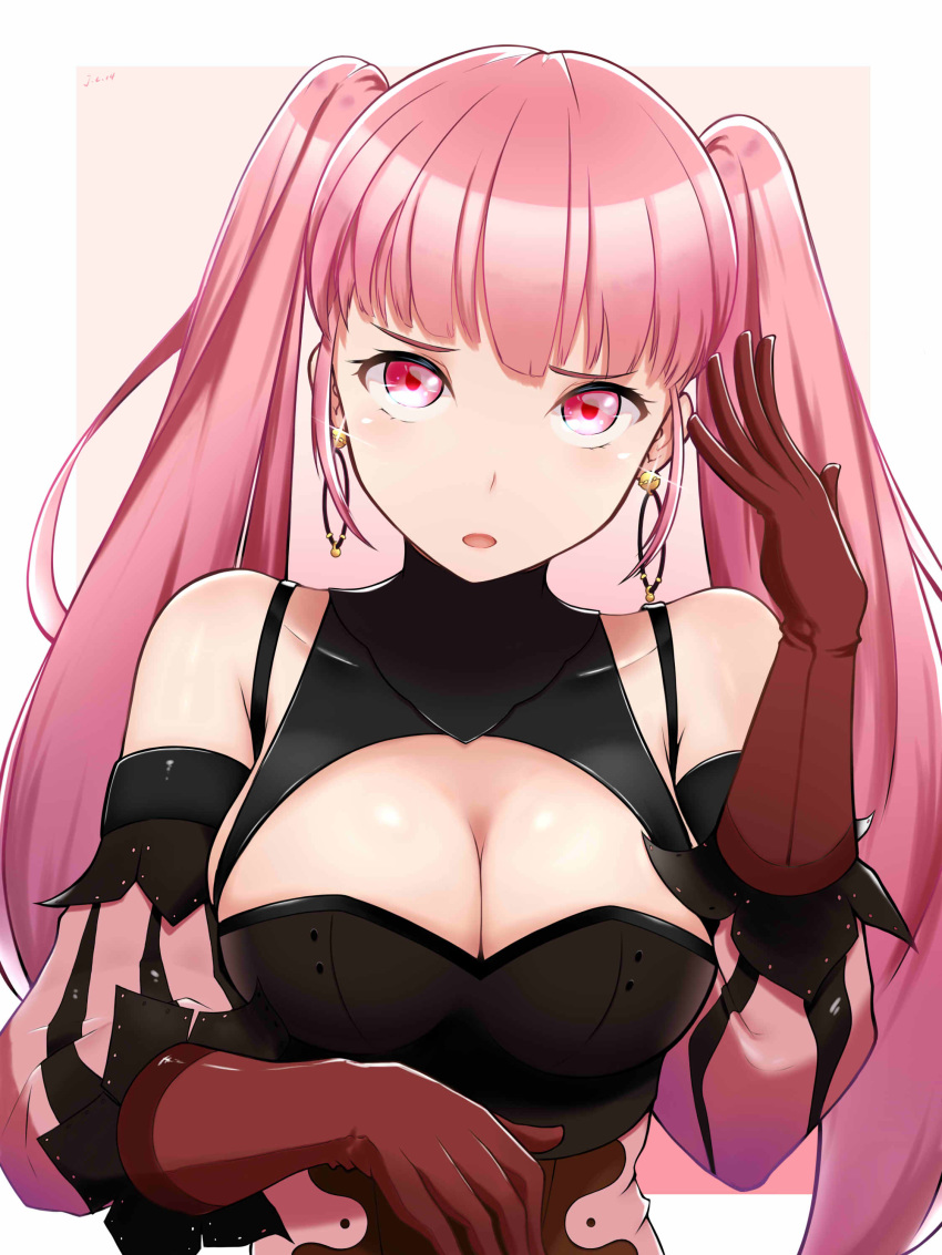 1girl absurdres breasts cleavage earrings fire_emblem fire_emblem:_three_houses gloves guxu highres hilda_valentine_goneril jewelry large_breasts long_hair open_mouth pink_eyes pink_hair red_gloves simple_background solo twintails upper_body