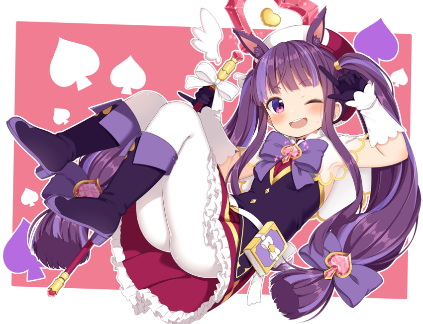 1girl animal_ear_fluff animal_ears arms_up black_gloves black_shirt boots bow capelet commentary_request frilled_skirt frills gloves hair_bow hair_ornament hat holding holding_staff index_finger_raised keyhole kirihara_kasumi knee_boots knees_up long_hair lying muku_(muku-coffee) multicolored_hair on_back pantyhose pink_background pleated_skirt princess_connect! princess_connect!_re:dive purple_bow purple_eyes purple_footwear purple_hair red_headwear red_skirt see-through shirt skirt sleeveless sleeveless_shirt solo spade_(shape) spade_hair_ornament sparkle staff twintails two-tone_background two-tone_hair very_long_hair white_background white_legwear