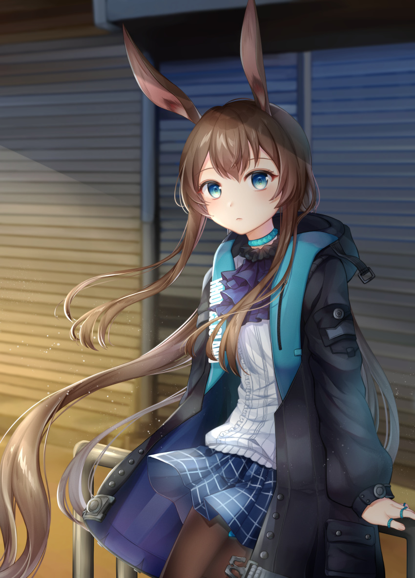 1girl absurdres amiya_(arknights) animal_ears arknights bangs black_jacket blue_eyes blue_neckwear blue_skirt blush brown_footwear brown_hair bunny_ears commentary_request cowboy_shot highres jacket jewelry long_hair long_sleeves looking_at_viewer miniskirt narebi neck_ring open_clothes open_jacket pantyhose pleated_skirt shirt skirt solo standing very_long_hair white_shirt