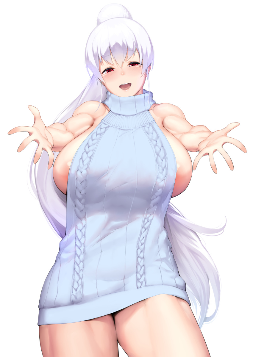 1girl areola_slip areolae bare_shoulders blush breasts hakai_shin high_ponytail highres huge_breasts long_hair looking_at_viewer original reaching_out red_eyes round_teeth sideboob simple_background smile solo sweater teeth thick_thighs thighs very_long_hair white_background white_hair