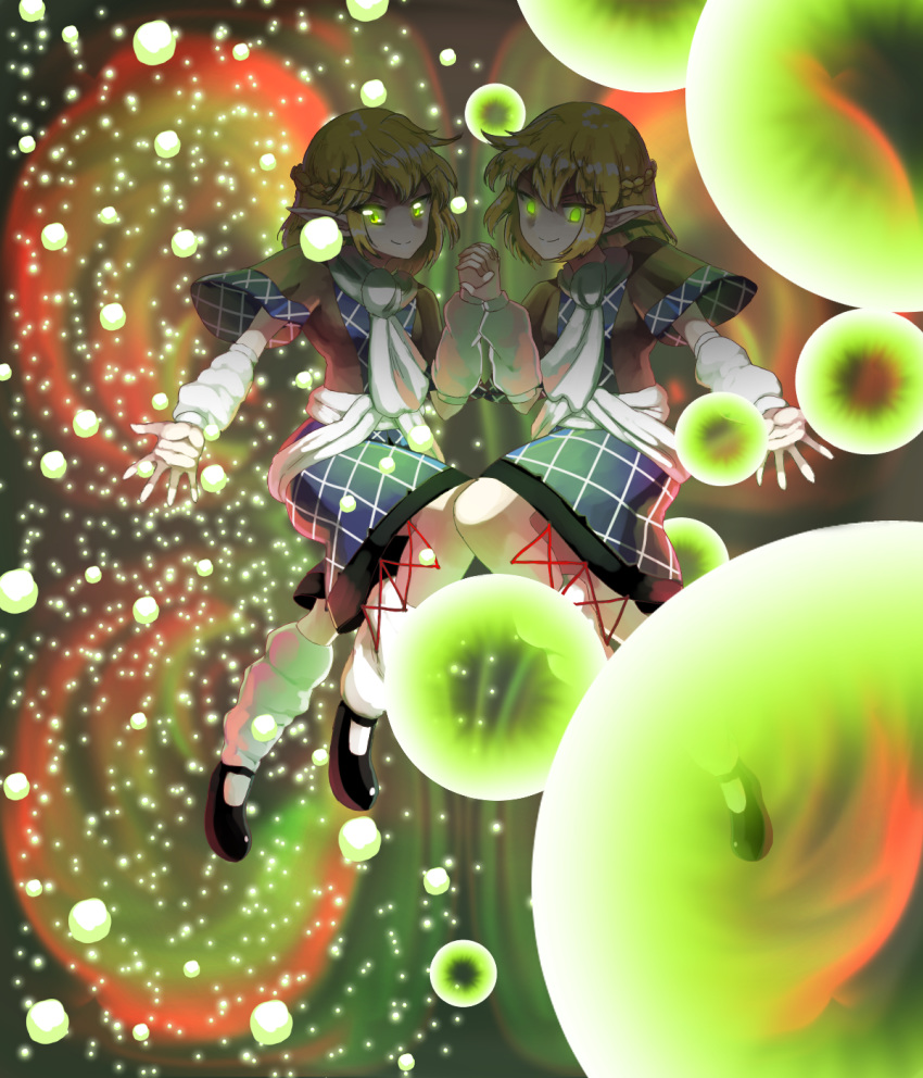 &gt;:) 2girls abstract abstract_background arm_warmers black_footwear blonde_hair braid breasts closed_mouth cross danmaku dual_persona eyebrows eyebrows_visible_through_hair glowing glowing_eyes green_eyes highres holding_hands leg_warmers light_particles looking_at_viewer mary_janes mizuhashi_parsee multiple_girls open_eyes outstretched_arm pointy_ears scarf shaded_face shadow shirt shoes short_hair short_sleeves skirt small_breasts smile spell_card sunyup touhou white_legwear white_scarf