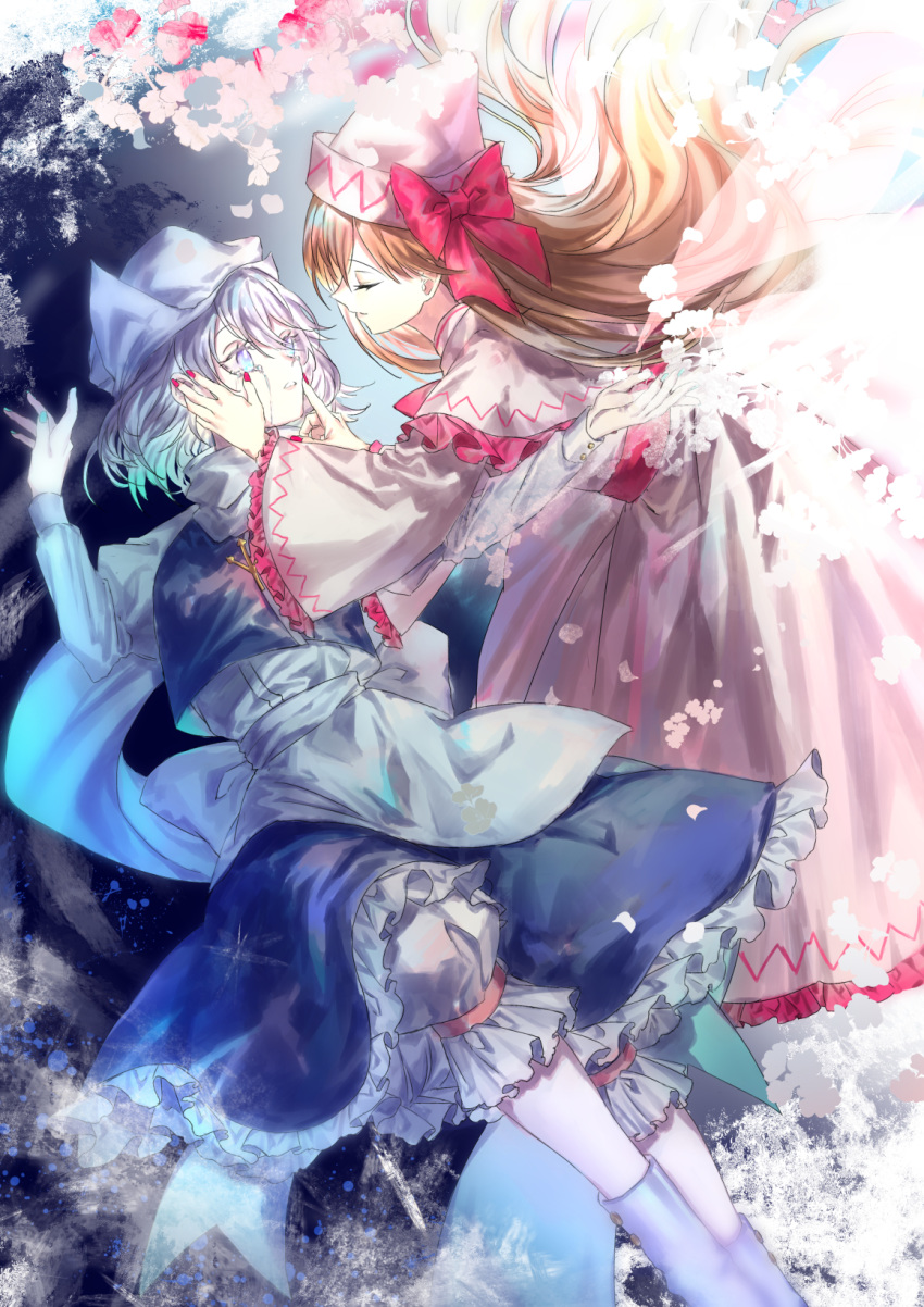 2girls ama_asagi bangs blonde_hair blue_shirt blue_skirt bow cherry_blossoms closed_eyes dress fairy_wings finger_to_mouth floating_hair frilled_dress frills hands_on_head hands_up highres letty_whiterock lily_white long_hair long_skirt long_sleeves multiple_girls petals pink_dress pink_headwear red_bow red_ribbon ribbon shirt shushing skirt touhou wavy_hair white_hair white_headwear white_legwear white_ribbon white_sash wide_sleeves wings